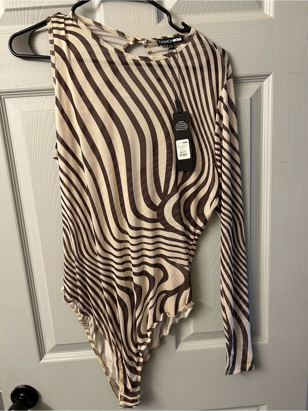 Fashion Nova Brown & Cream Striped One -Sleeve Bodysuit